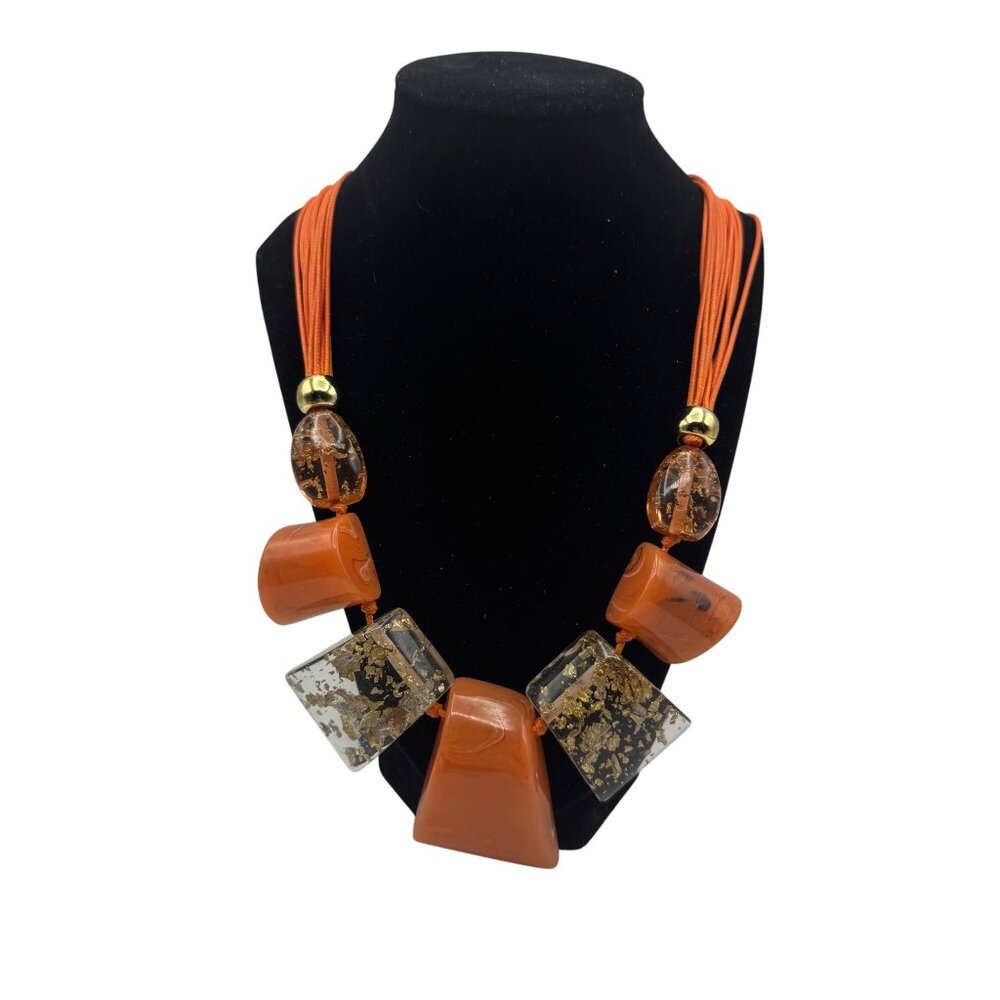 Chunky Orange Geometric Resin Bead Statement Necklace Adjustable Cord Gold Finis